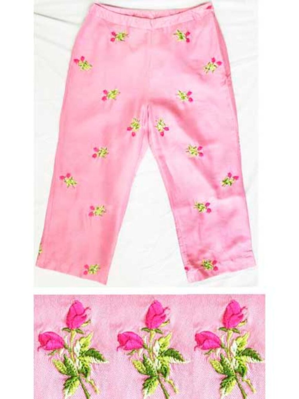 Vision Apparel Womens Silk Pink Capri Pants  Embroidered Roses Floral 50s Style